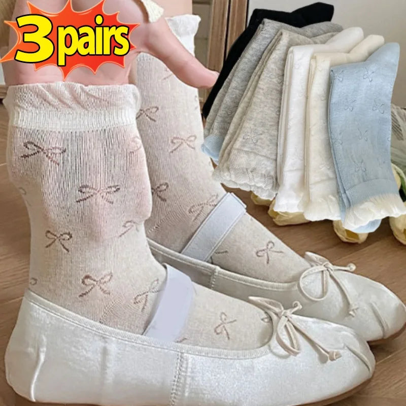 1/3Pairs Lolita Bow Socks Blue White Lacework Ruffle Socks Summer Thin Japanese Style Kawaii Sweet Girls Cute Short Socks Women